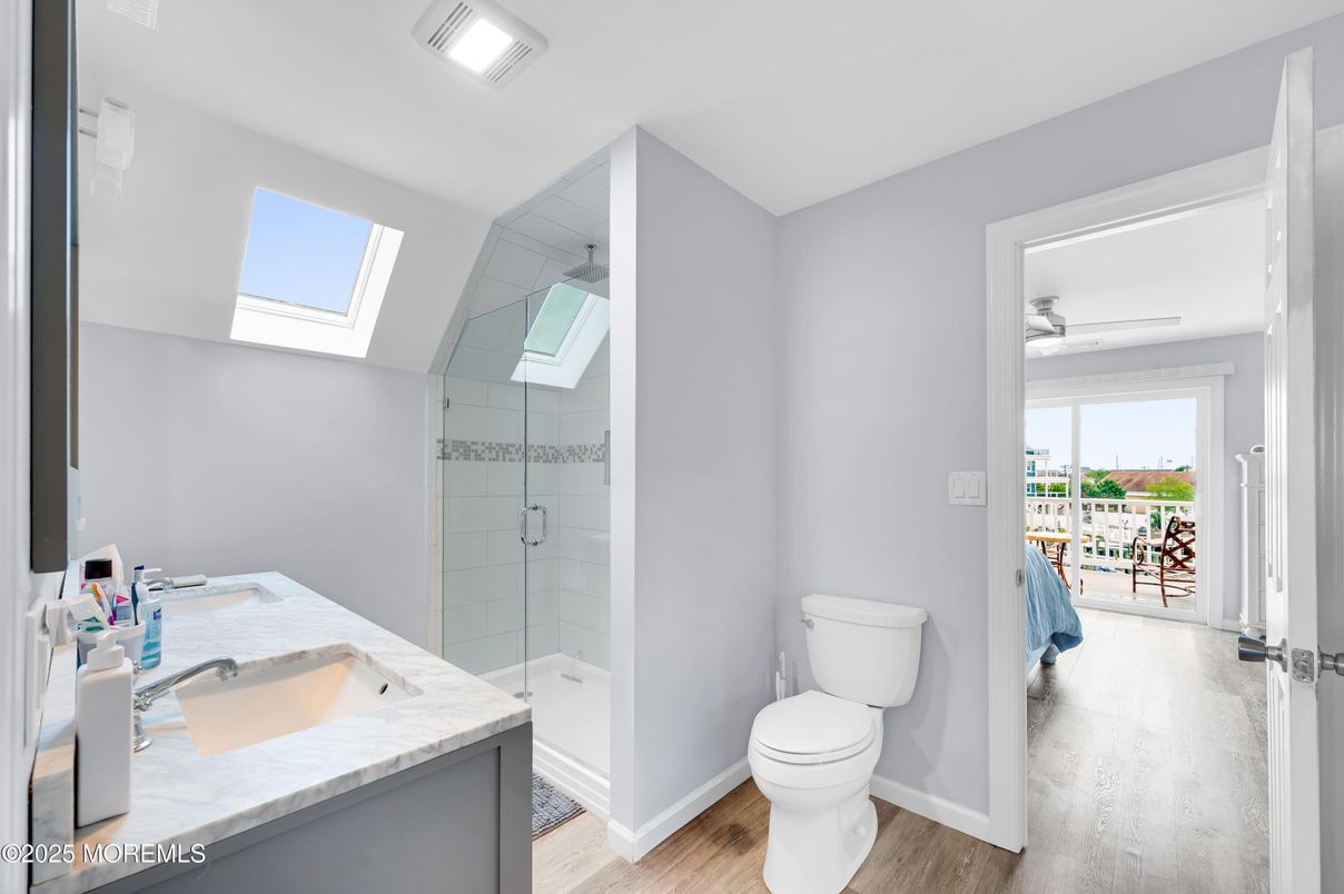 Bathroom, Glass Shower, Interior, Wood Texture Flooring