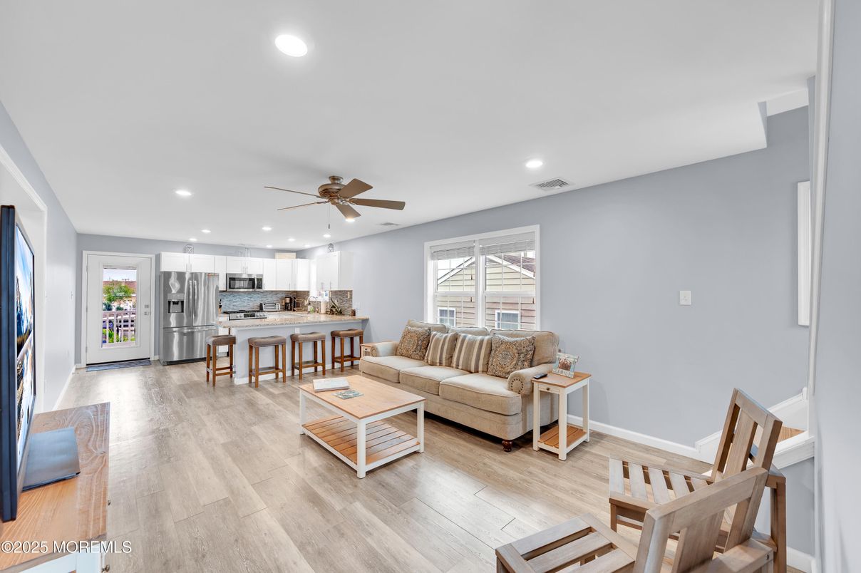 Interior, Kitchen, Living room, Recessed Lighting, Stainless Steel Appliances, Wood Texture Flooring
