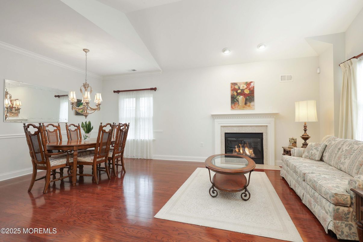 Chandelier, Dining room, Fireplace, Interior, Living room, Wood Texture Flooring