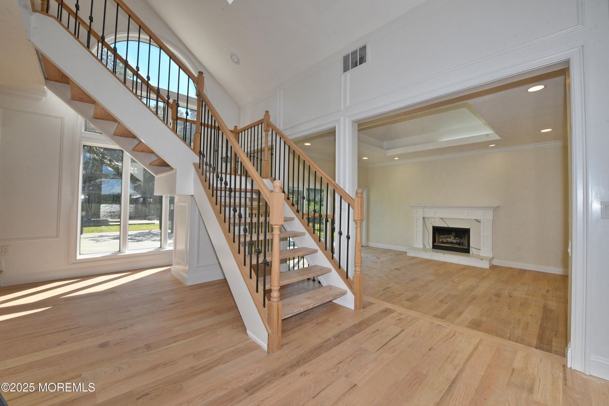 Fireplace, Interior, Recessed Lighting, Wood Texture Flooring