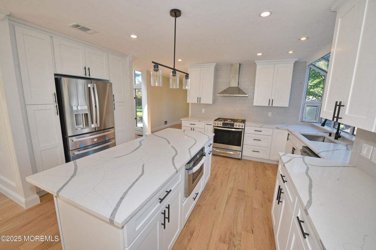 Interior, Kitchen, Pendant Lights, Recessed Lighting, Stainless Steel Appliances, Wood Texture Flooring