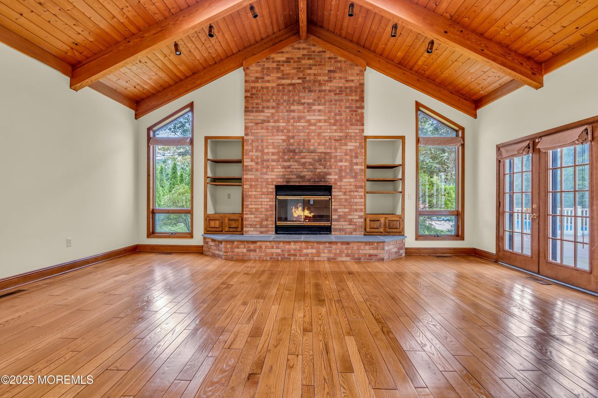 Empty room, Fireplace, Interior, Stone Walls, Wooden Beams, Wooden Ceilings, Wood Texture Flooring