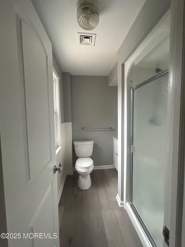 Bathroom, Glass Shower, Interior, Wood Texture Flooring