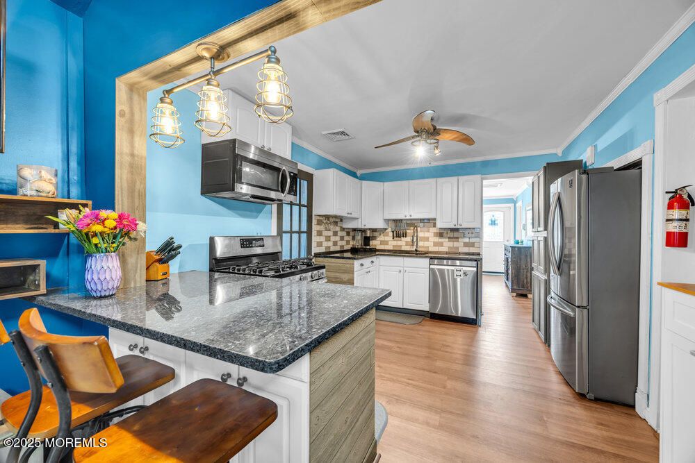 Interior, Kitchen, Pendant Lights, Stainless Steel Appliances, Wood Texture Flooring