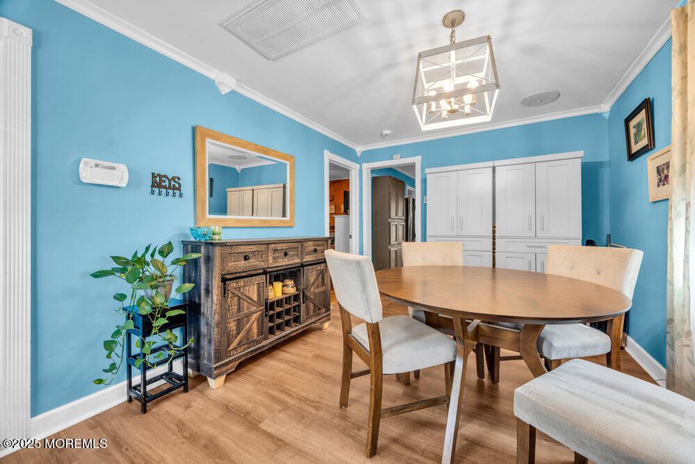 Dining room, Interior, Pendant Lights, Wood Texture Flooring