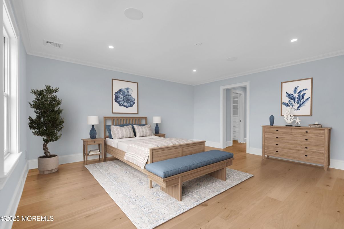 Bedroom, Interior, Recessed Lighting, Wood Texture Flooring