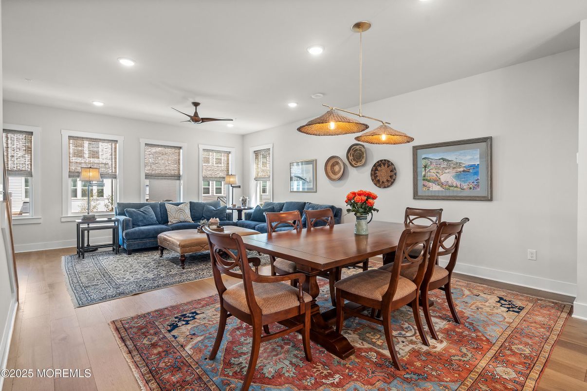 Dining room, Interior, Living room, Pendant Lights, Recessed Lighting, Wood Texture Flooring