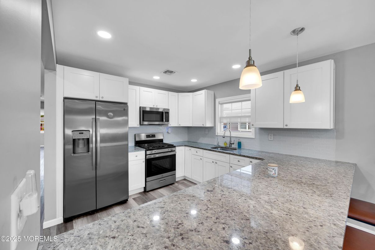 Interior, Kitchen, Pendant Lights, Recessed Lighting, Stainless Steel Appliances, Wood Texture Flooring