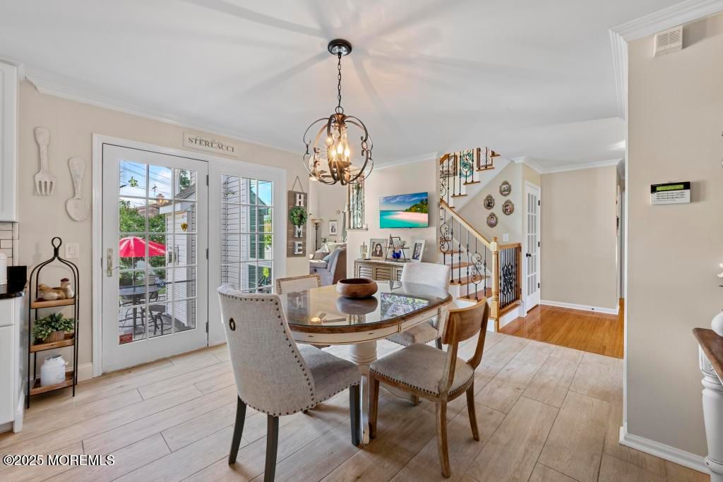 Chandelier, Dining room, Interior, Wood Texture Flooring