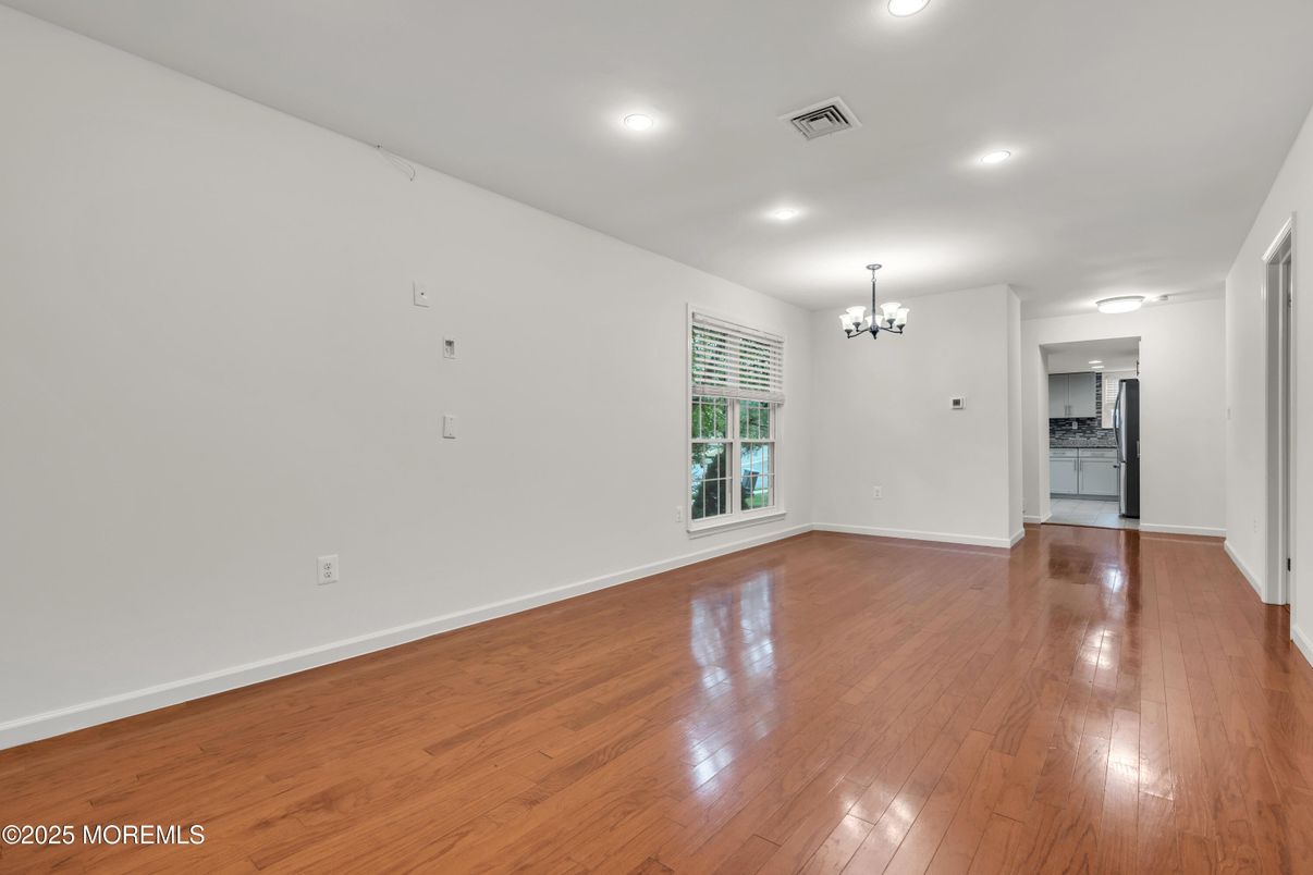 Chandelier, Empty room, Interior, Recessed Lighting, Wood Texture Flooring