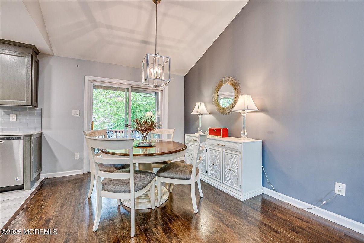 Dining room, Interior, Pendant Lights, Wood Texture Flooring
