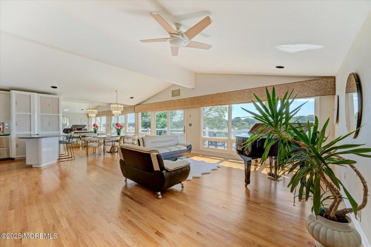 Dining room, Interior, Kitchen, Living room, Pendant Lights, Wood Texture Flooring