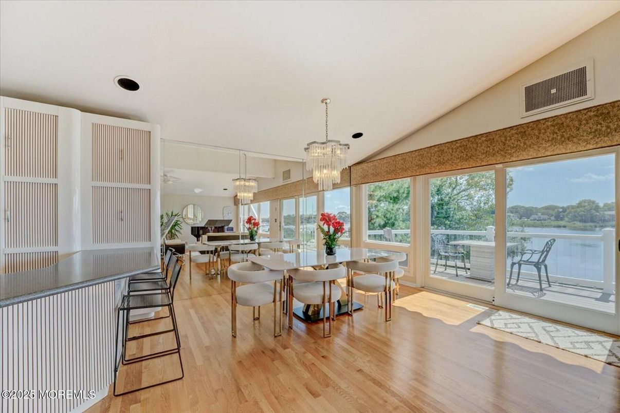 Chandelier, Dining room, Interior, Water, Wood Texture Flooring