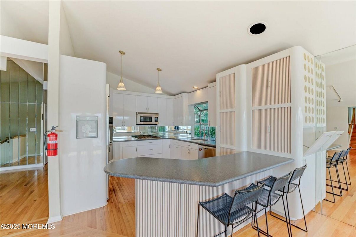 Interior, Kitchen, Pendant Lights, Stainless Steel Appliances, Wood Texture Flooring