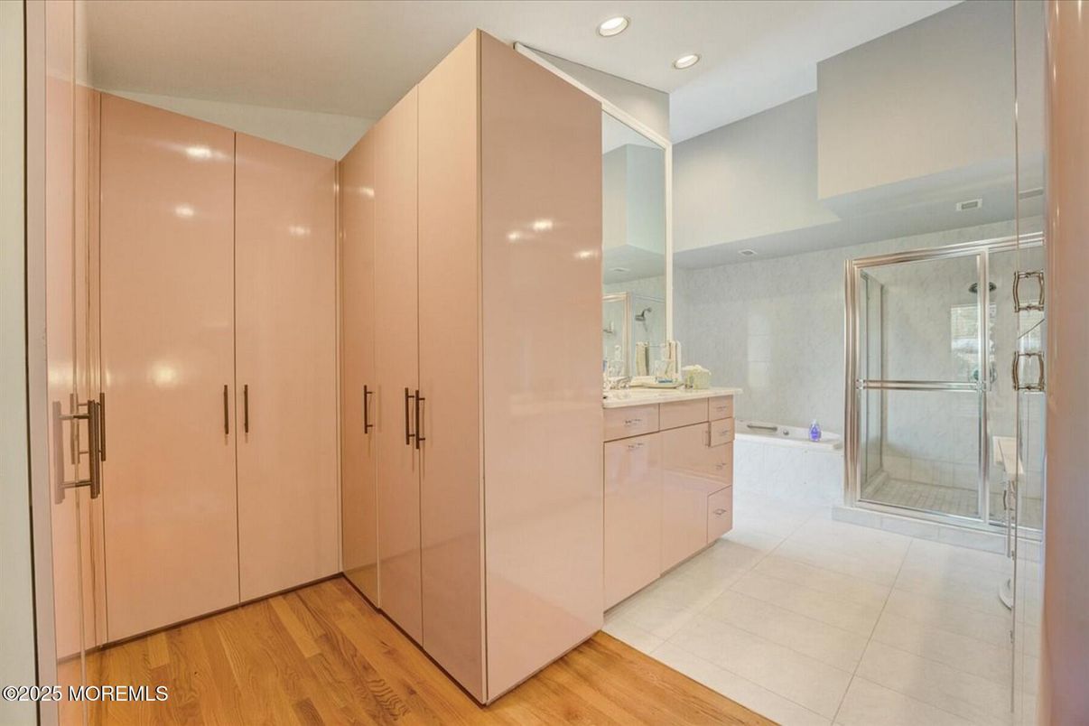 Bathroom, Glass Shower, Interior, Recessed Lighting, Wood Texture Flooring