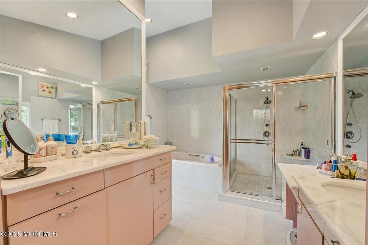 Bathroom, Dual Sink Vanities, Glass Shower, Interior, Recessed Lighting