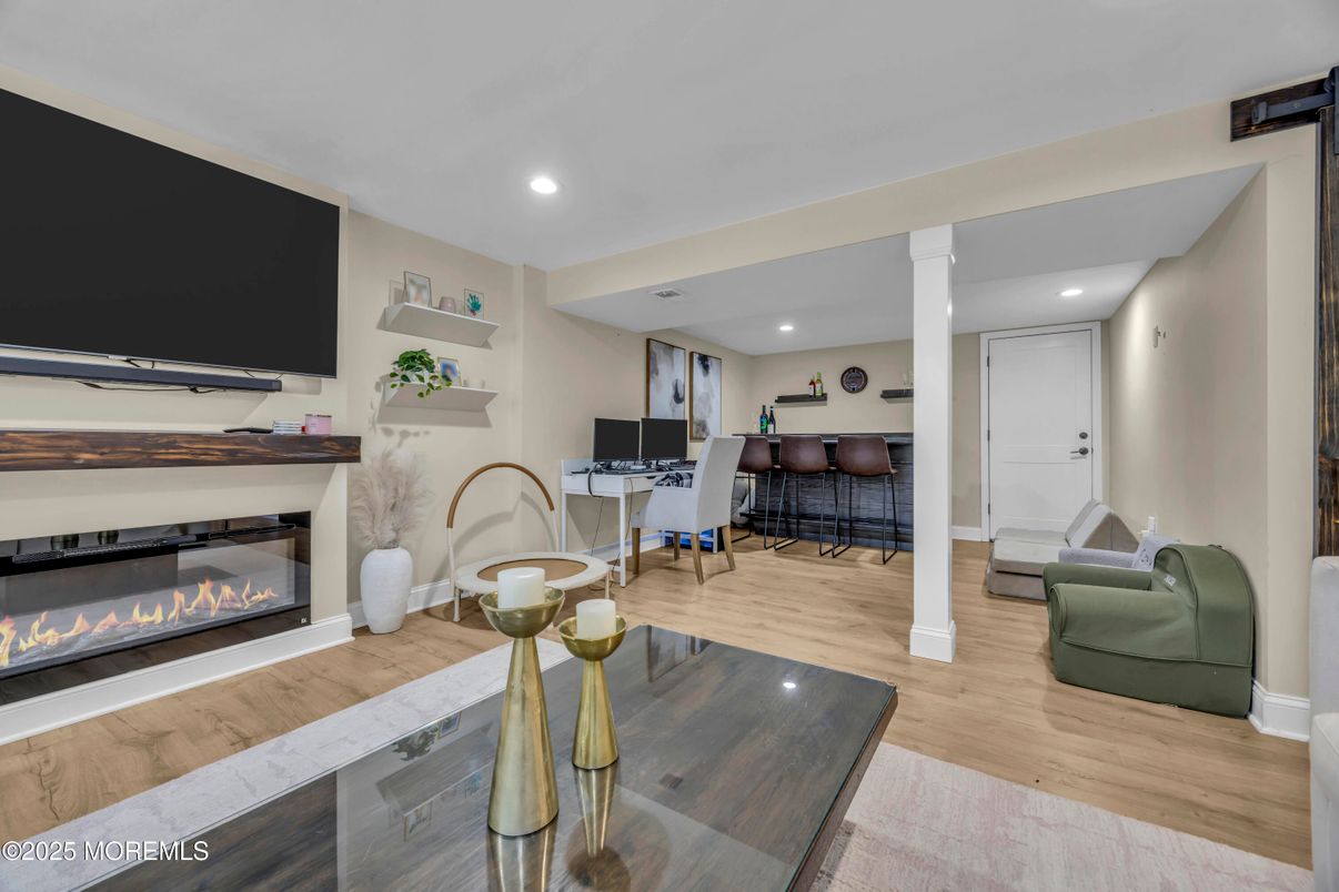 Fireplace, Interior, Recessed Lighting, Wood Texture Flooring