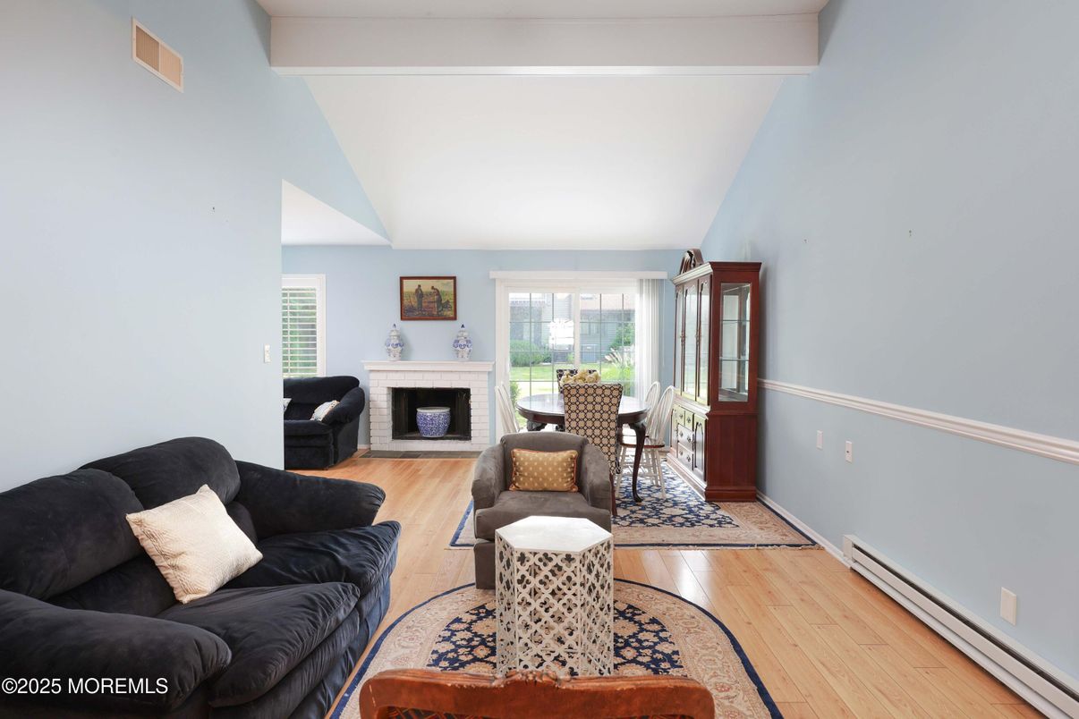 Dining room, Fireplace, Interior, Living room, Wood Texture Flooring