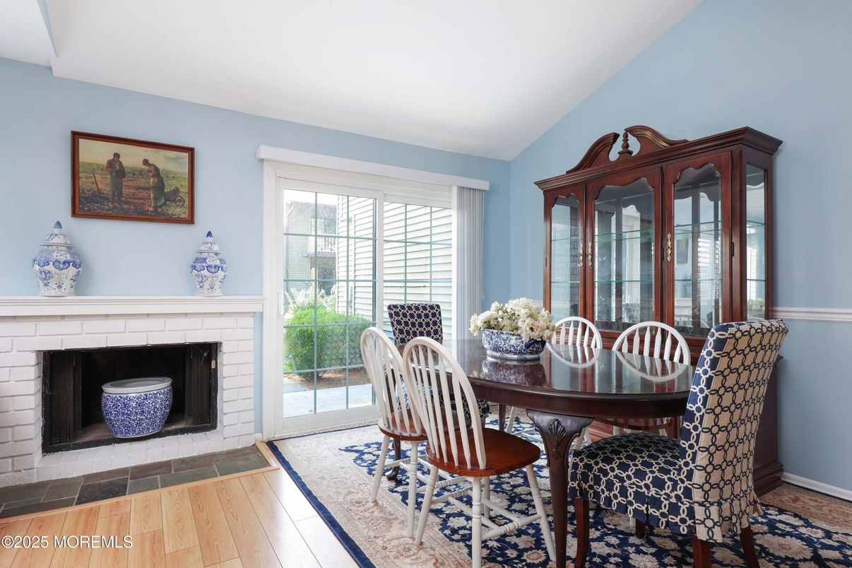 Dining room, Fireplace, Interior, Wood Texture Flooring