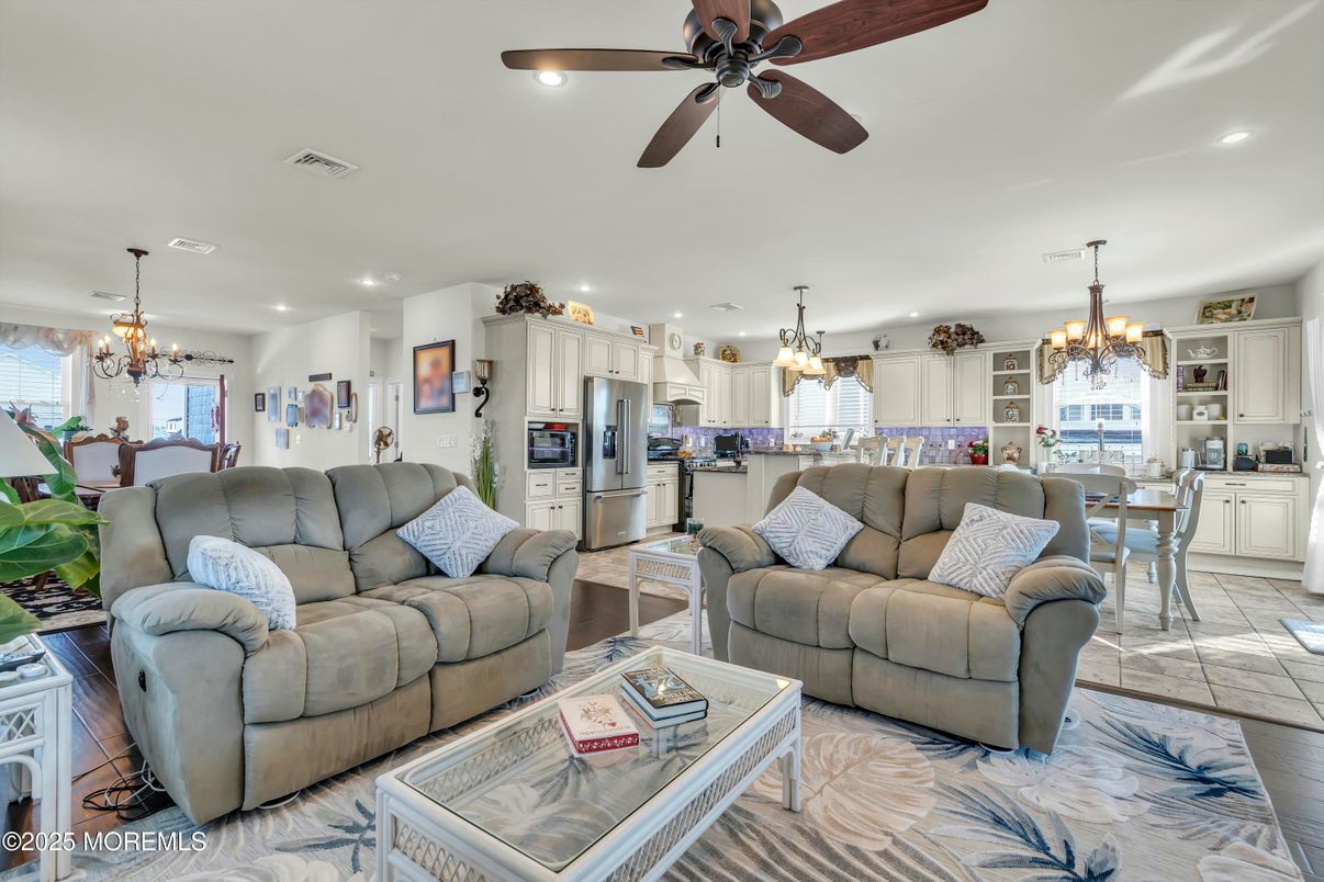 Chandelier, Dining room, Interior, Kitchen, Living room, Recessed Lighting, Stainless Steel Appliances