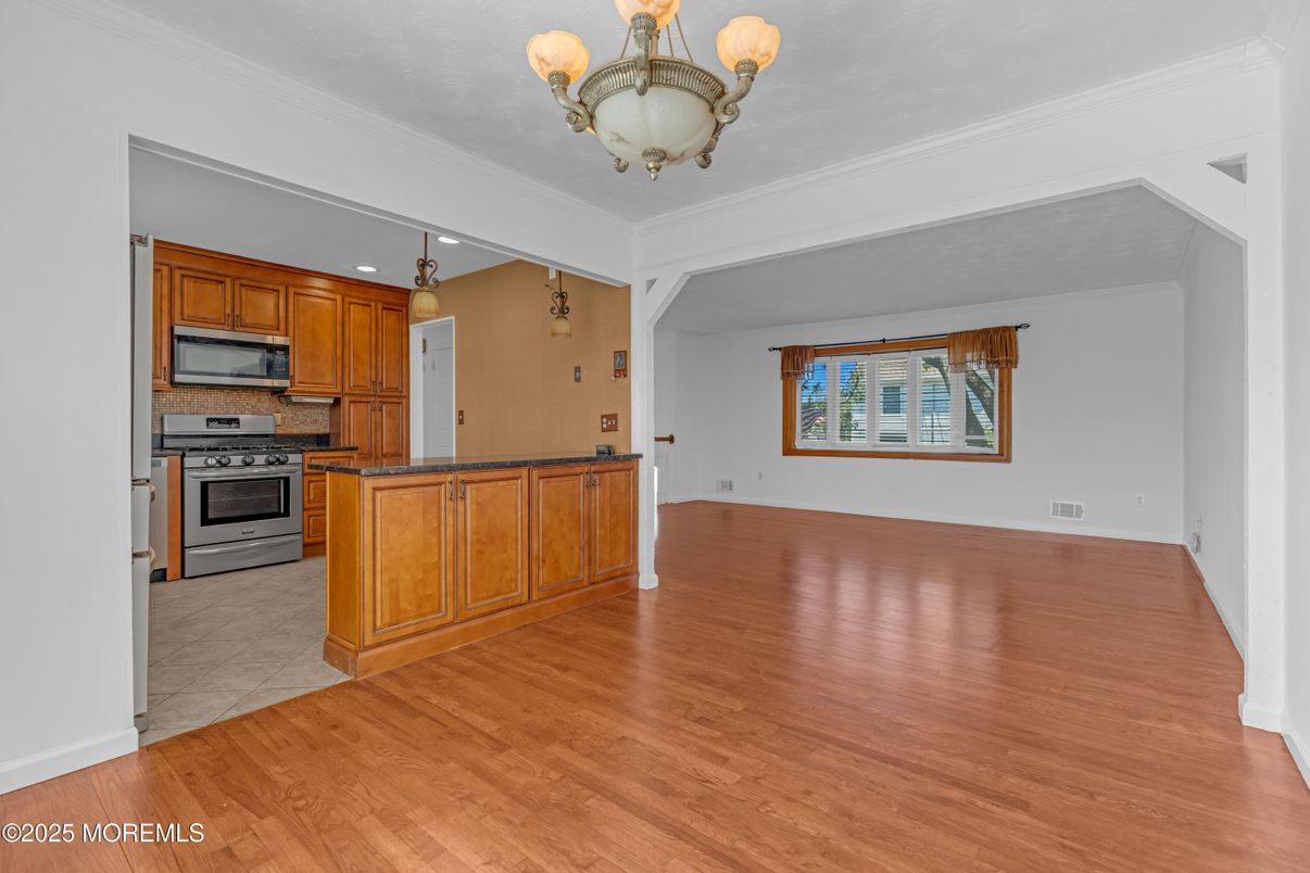 Chandelier, Empty room, Interior, Kitchen, Recessed Lighting, Wood Texture Flooring