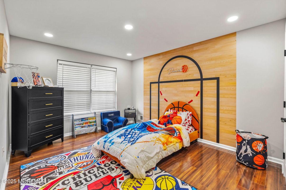 Bedroom, Interior, Recessed Lighting, Wood Texture Flooring, Wooden Walls