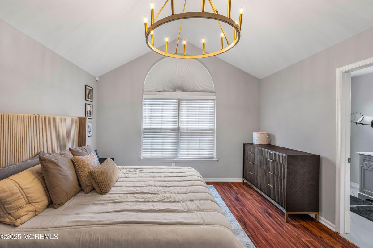Bedroom, Chandelier, Interior, Wood Texture Flooring