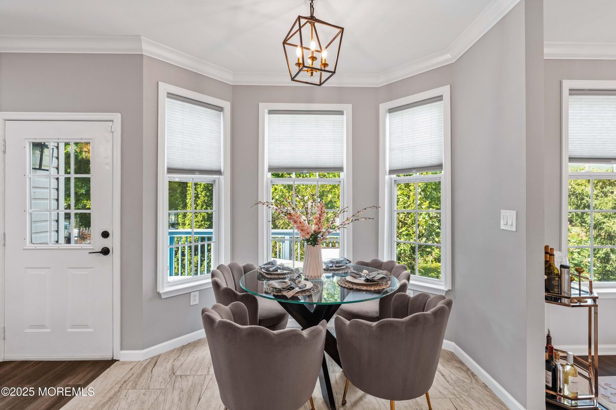 Dining room, Interior, Pendant Lights, Wood Texture Flooring