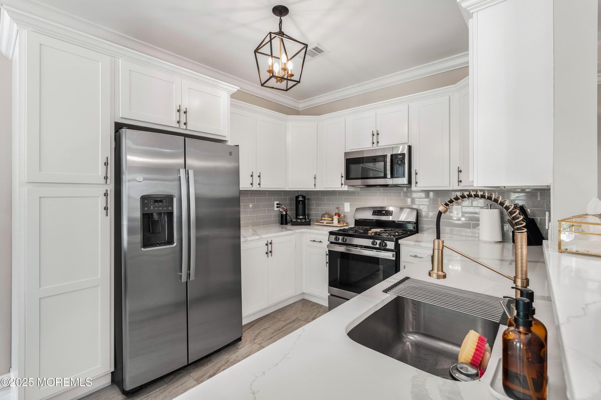 Interior, Kitchen, Pendant Lights, Stainless Steel Appliances, Wood Texture Flooring