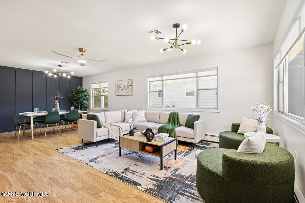 Dining room, Interior, Living room, Pendant Lights, Wood Texture Flooring
