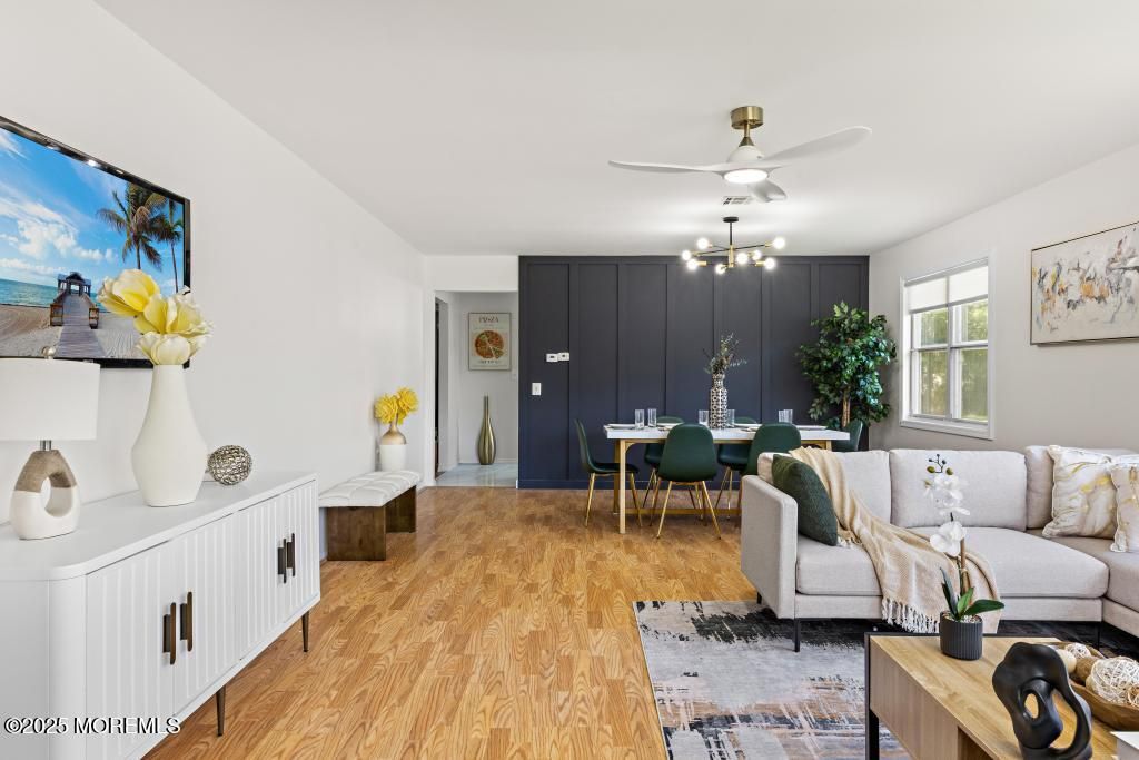 Dining room, Interior, Living room, Pendant Lights, Wood Texture Flooring