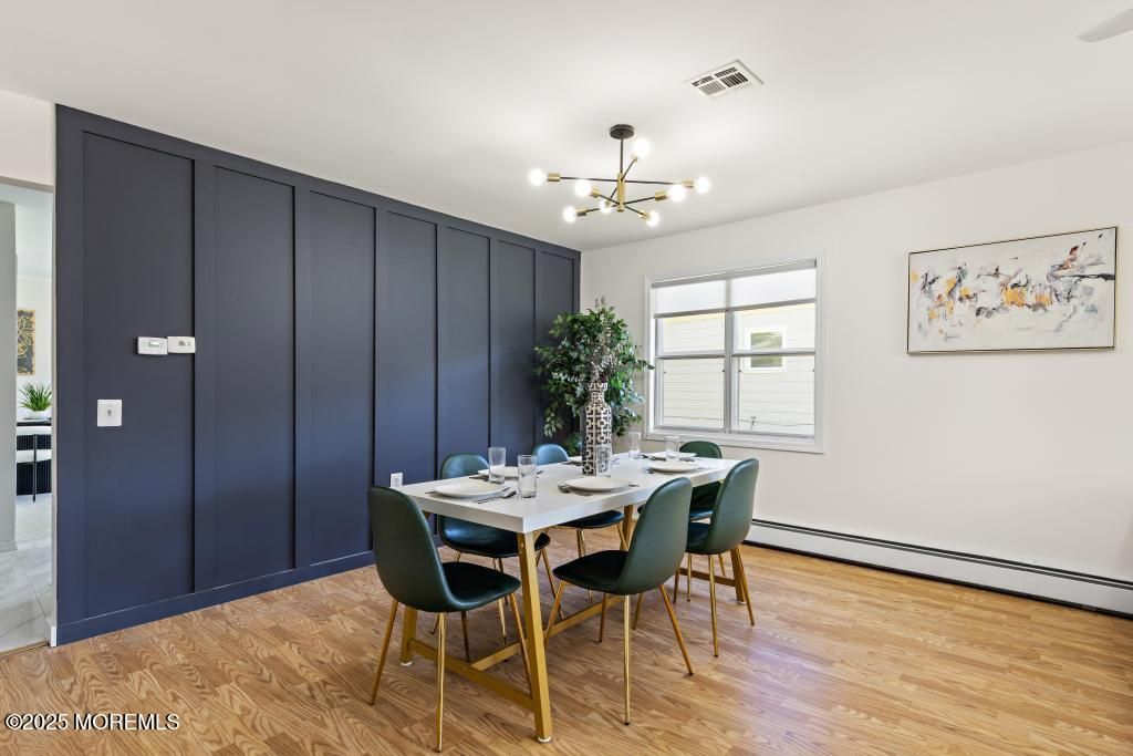 Dining room, Interior, Pendant Lights, Wood Texture Flooring