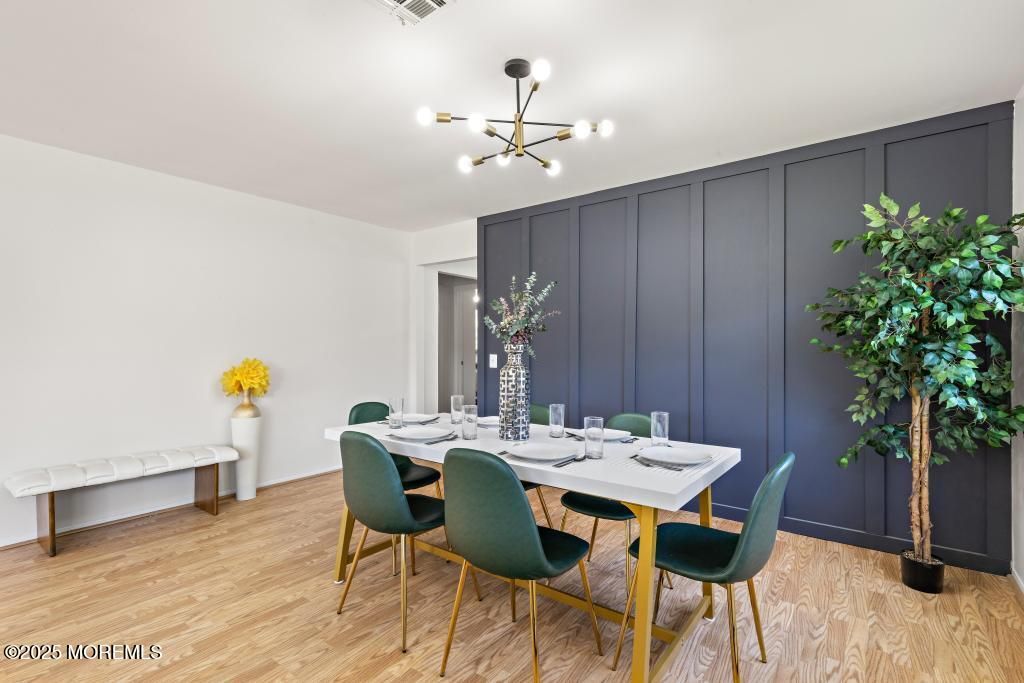 Dining room, Interior, Pendant Lights, Wood Texture Flooring