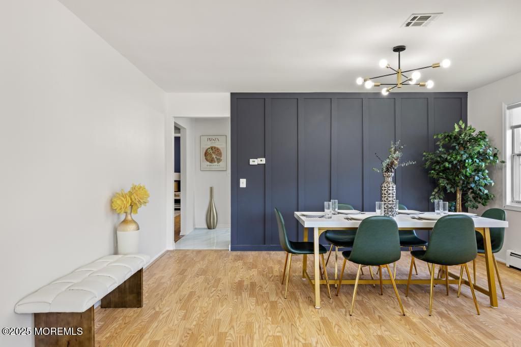 Dining room, Interior, Pendant Lights, Wood Texture Flooring
