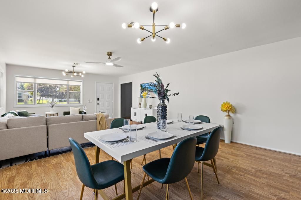 Dining room, Interior, Living room, Pendant Lights, Wood Texture Flooring