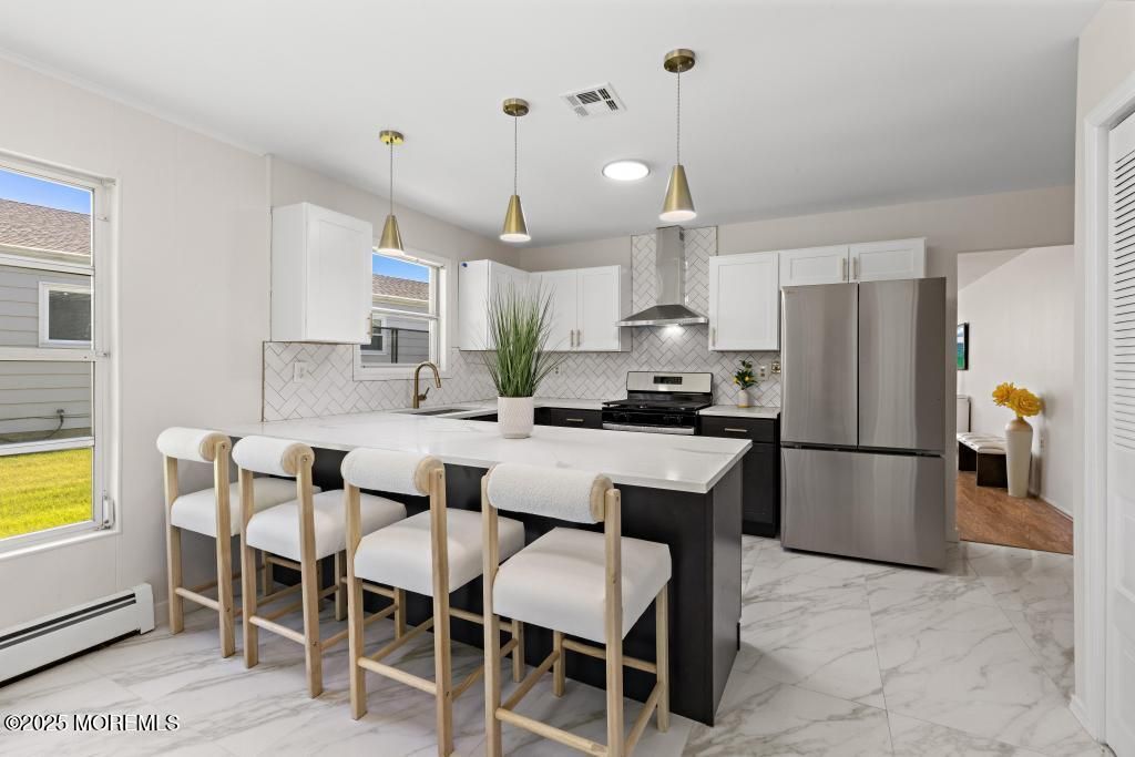 Interior, Kitchen, Marble, Pendant Lights, Recessed Lighting, Stainless Steel Appliances