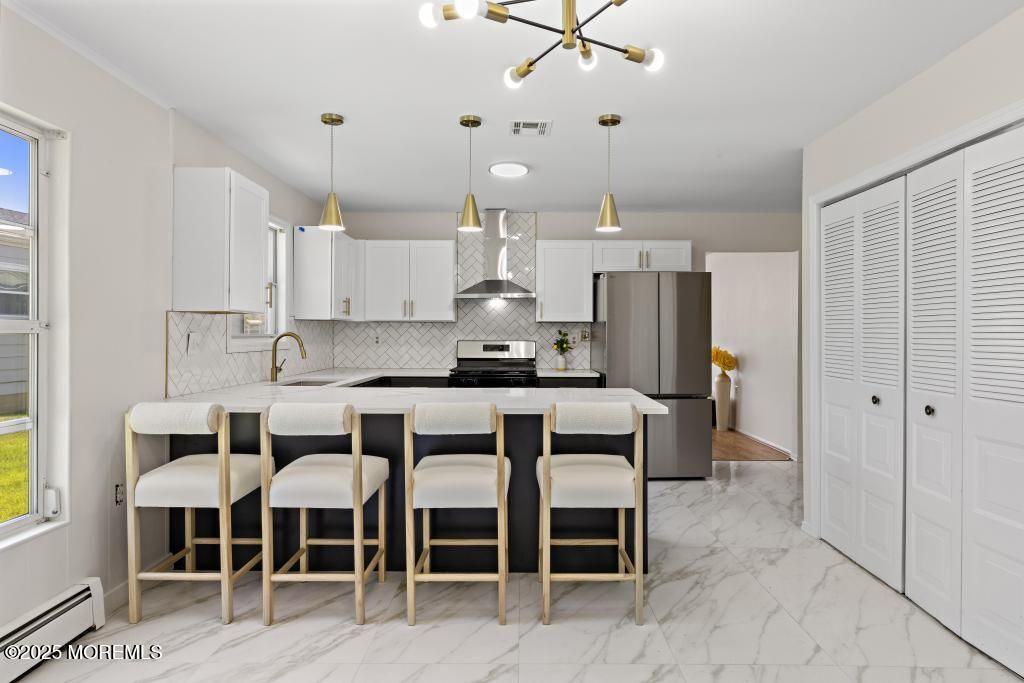 Interior, Kitchen, Marble, Pendant Lights, Stainless Steel Appliances