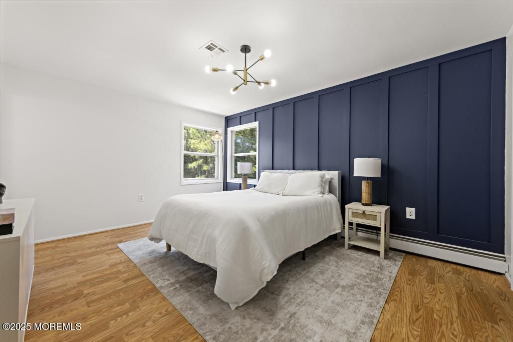 Bedroom, Interior, Pendant Lights, Wood Texture Flooring