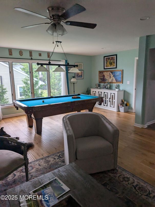 Billiard Table, Game Room, Interior, Pendant Lights, Wood Texture Flooring
