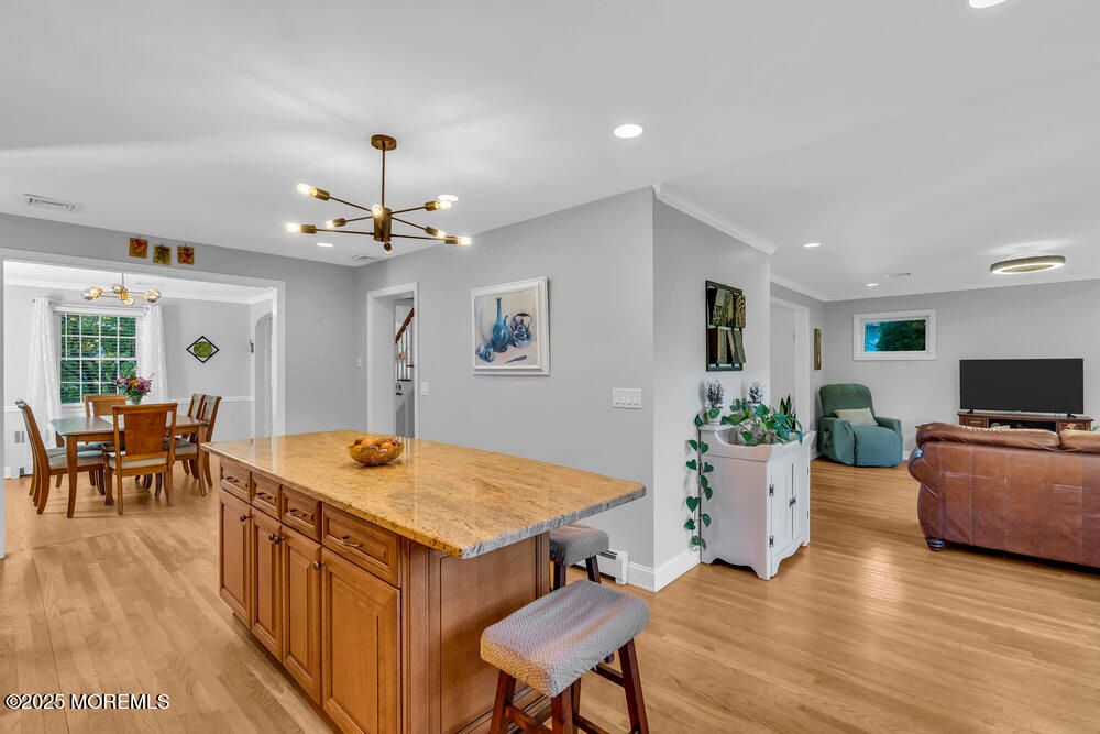 Dining room, Interior, Living room, Pendant Lights, Recessed Lighting, Wood Texture Flooring