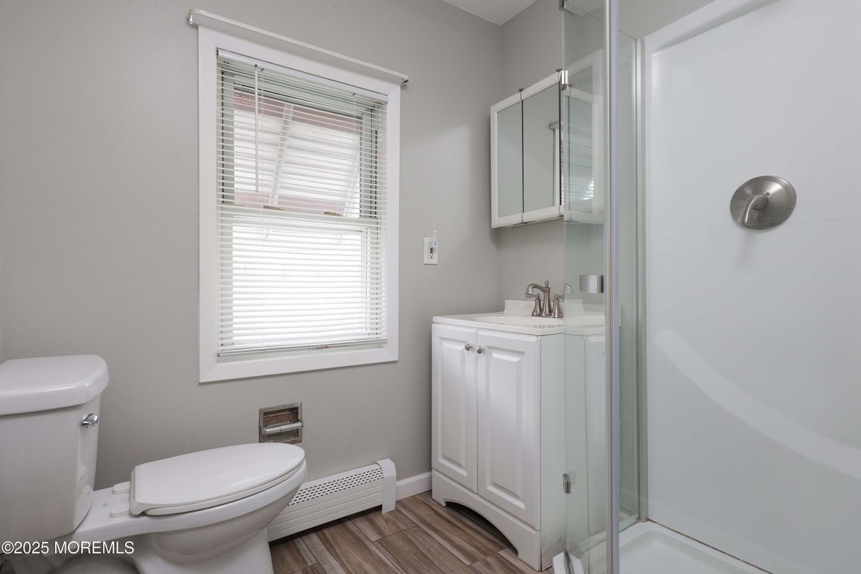 Bathroom, Glass Shower, Interior, Wood Texture Flooring