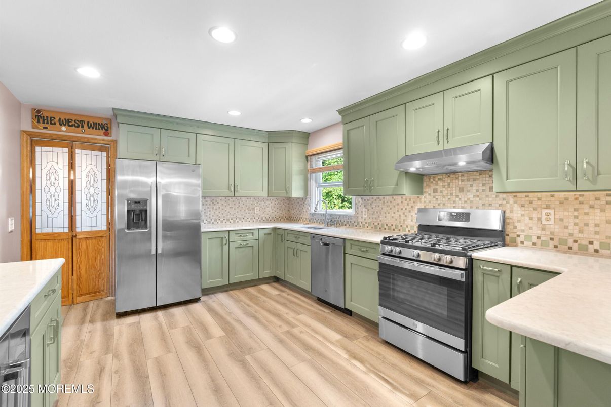 Interior, Kitchen, Recessed Lighting, Stainless Steel Appliances, Wood Texture Flooring