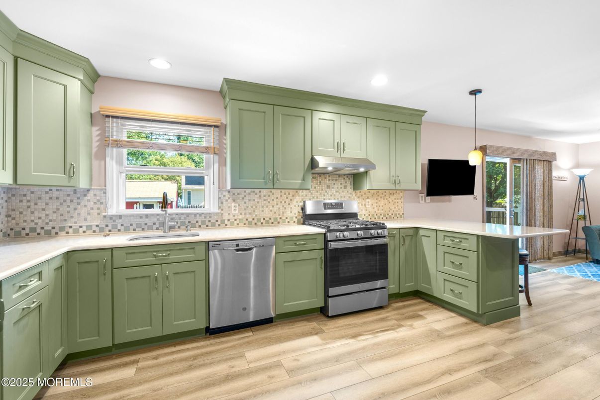 Interior, Kitchen, Pendant Lights, Recessed Lighting, Stainless Steel Appliances, Wood Texture Flooring