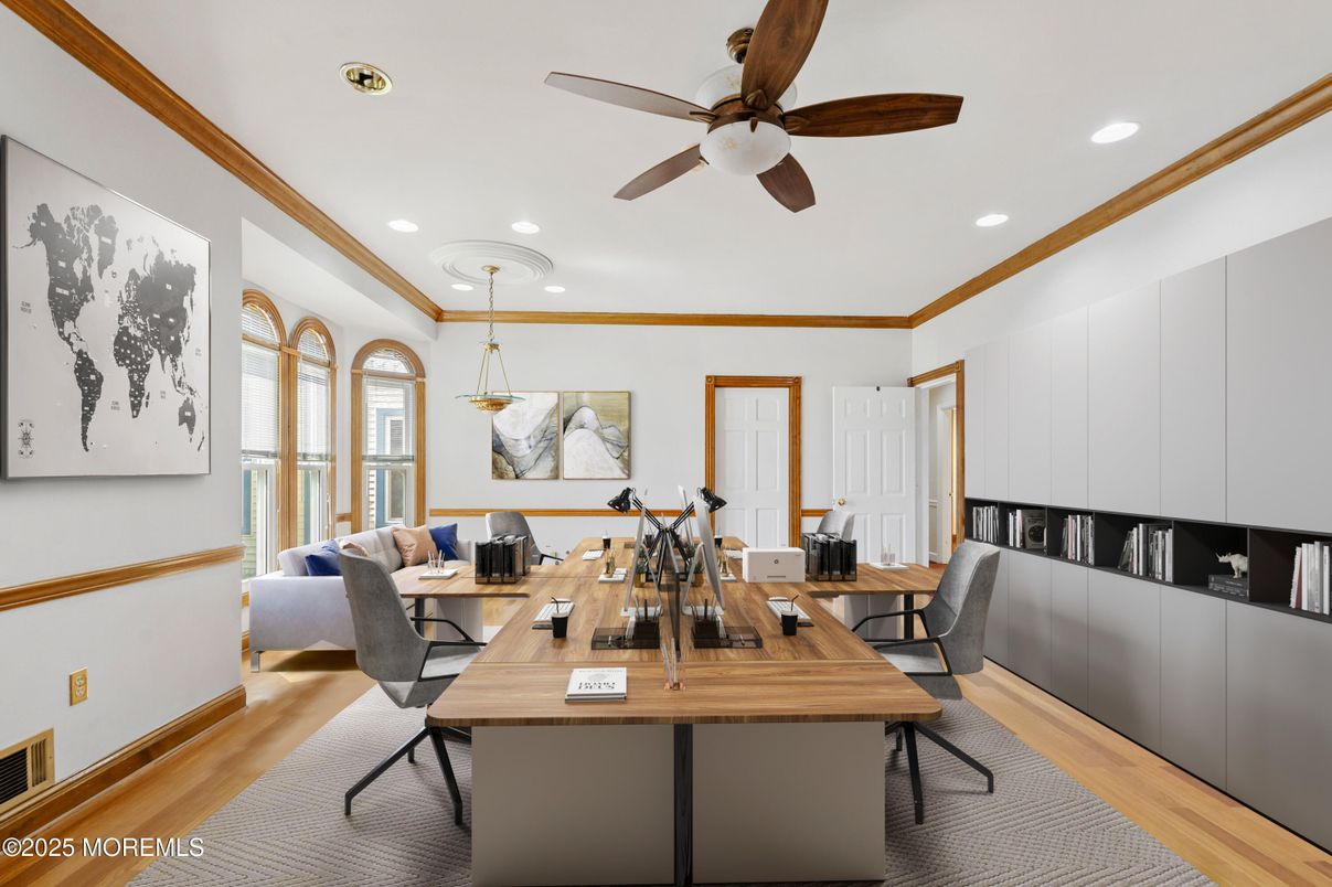Home Office, Interior, Pendant Lights, Recessed Lighting, Wood Texture Flooring