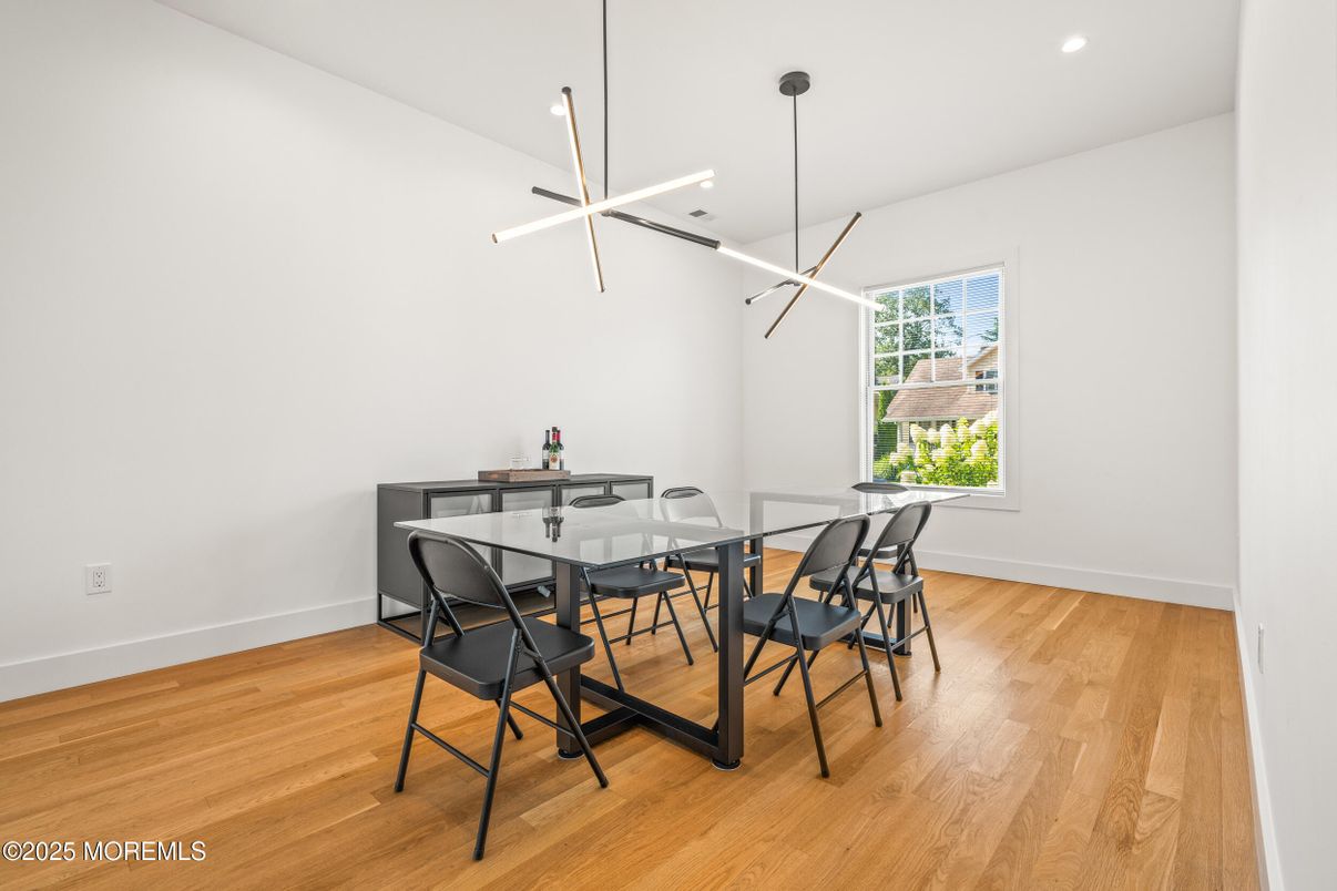 Dining room, Interior, Pendant Lights, Recessed Lighting, Wood Texture Flooring