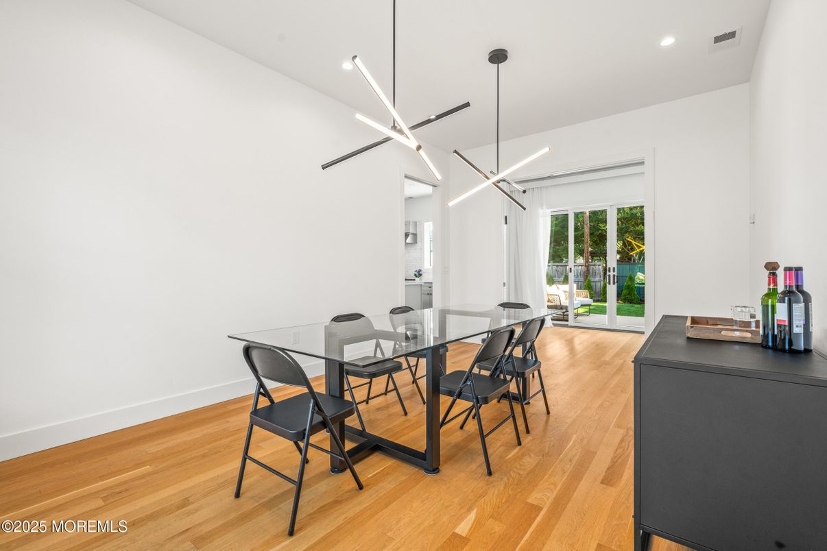 Dining room, Interior, Pendant Lights, Recessed Lighting, Wood Texture Flooring