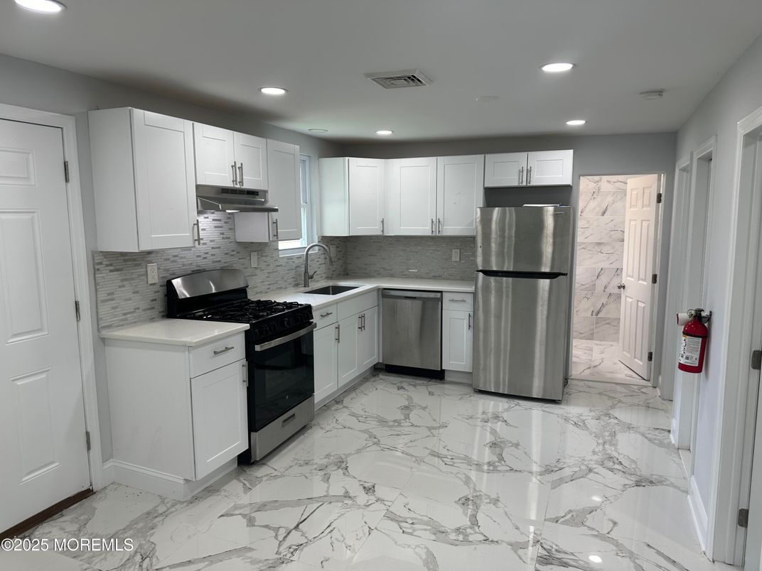 Interior, Kitchen, Marble, Recessed Lighting, Stainless Steel Appliances