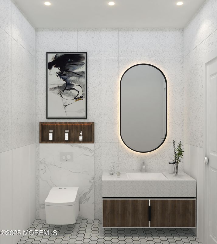 Bathroom, Interior, Marble Walls, Recessed Lighting
