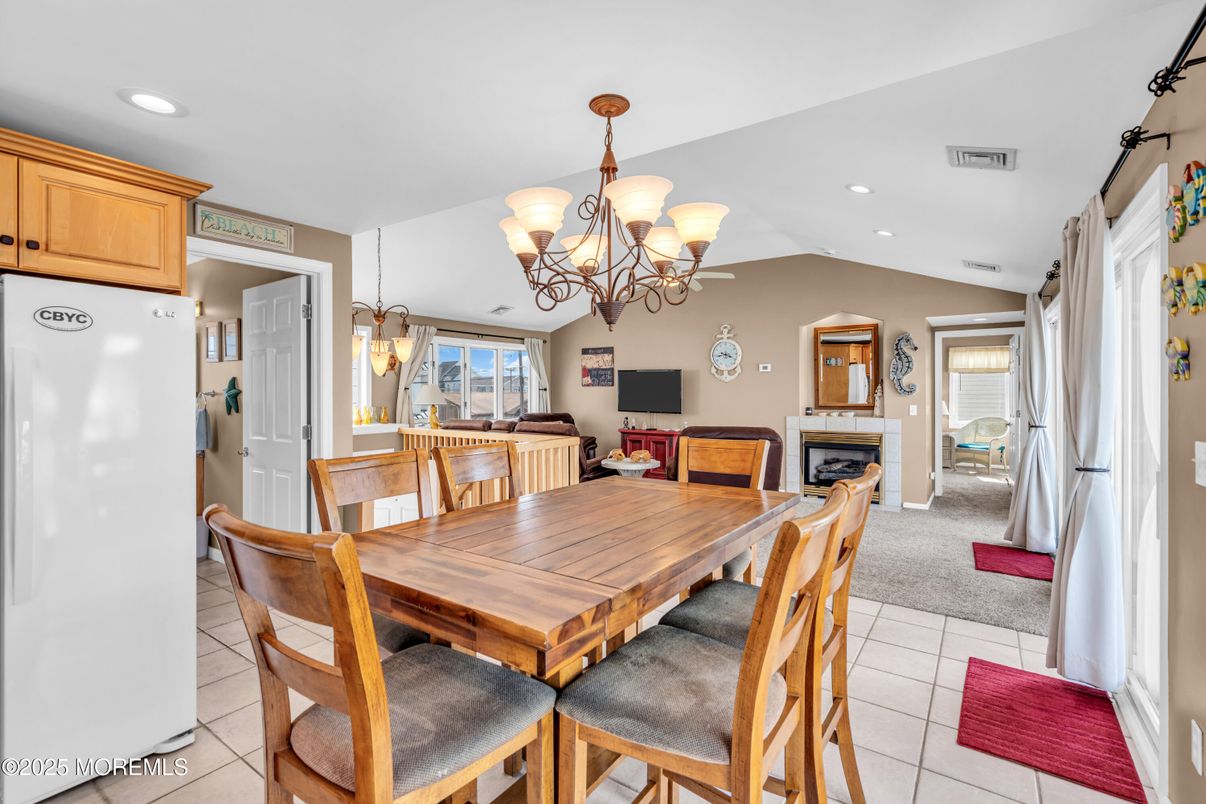 Chandelier, Dining room, Fireplace, Interior, Kitchen, Living room, Pendant Lights, Recessed Lighting