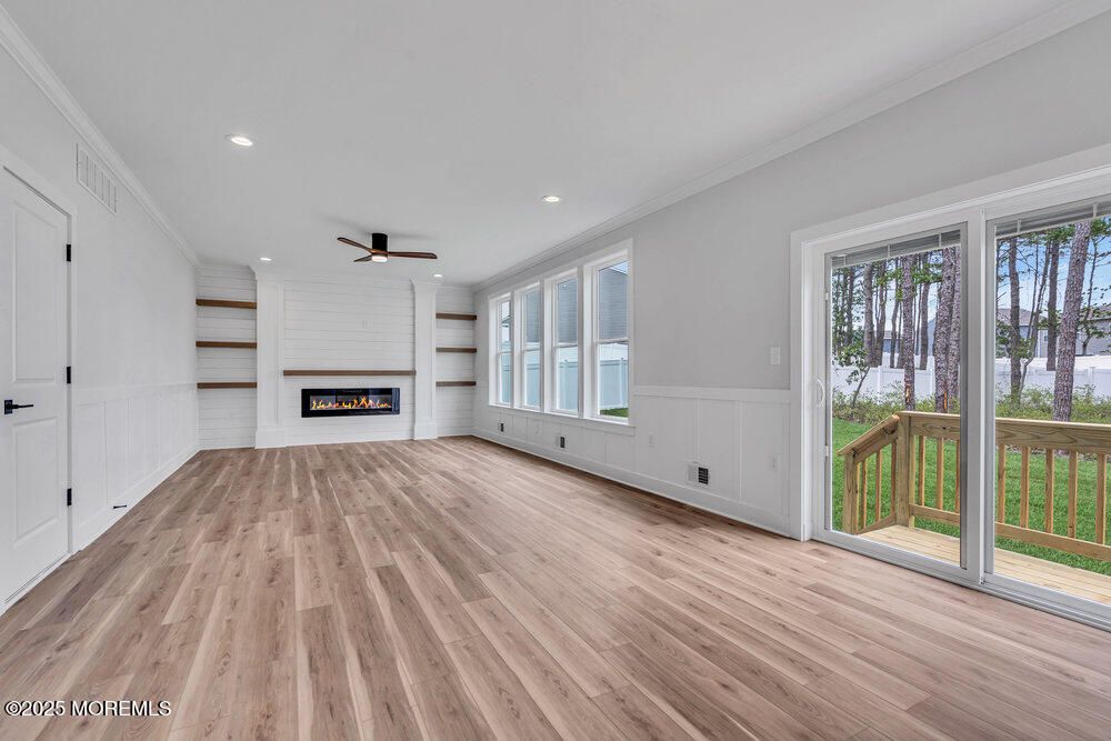 Empty room, Fireplace, Interior, Recessed Lighting, Wood Texture Flooring
